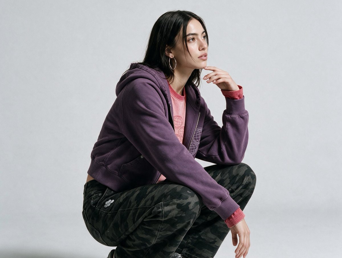 Modelo con sudadera morada